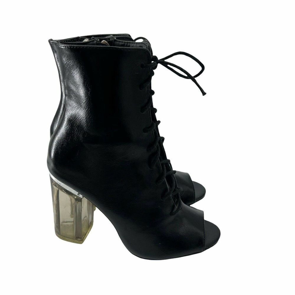 Cape Robbin Black Lace Up Victorian Open Toe Clear Chunky Heel Boots Shoe Size 6